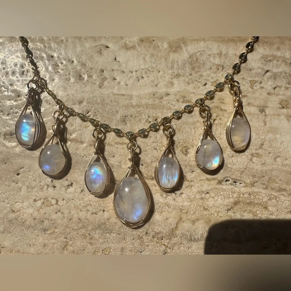 14k Gold Filled Rainbow Moonstone Gypsy Boho Necklace